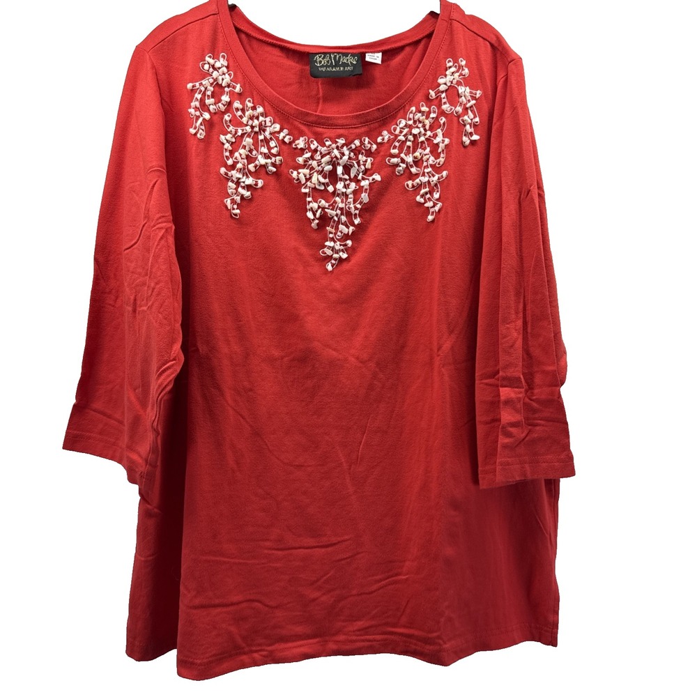 Bob Mackie Wearable Art Red Beaded Top Womens 1X Plus 3/4 Sleeve Knit Pullover